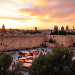 A beautiful view of Jerusalem at sunset, showcasing the iconic Western Wall, with ancient stones glistening in the warm golden light