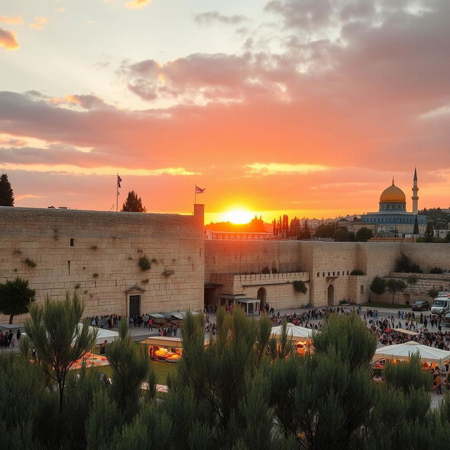 A beautiful view of Jerusalem at sunset, showcasing the iconic Western Wall, with ancient stones glistening in the warm golden light