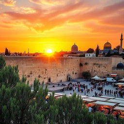 A beautiful view of Jerusalem at sunset, showcasing the iconic Western Wall, with ancient stones glistening in the warm golden light