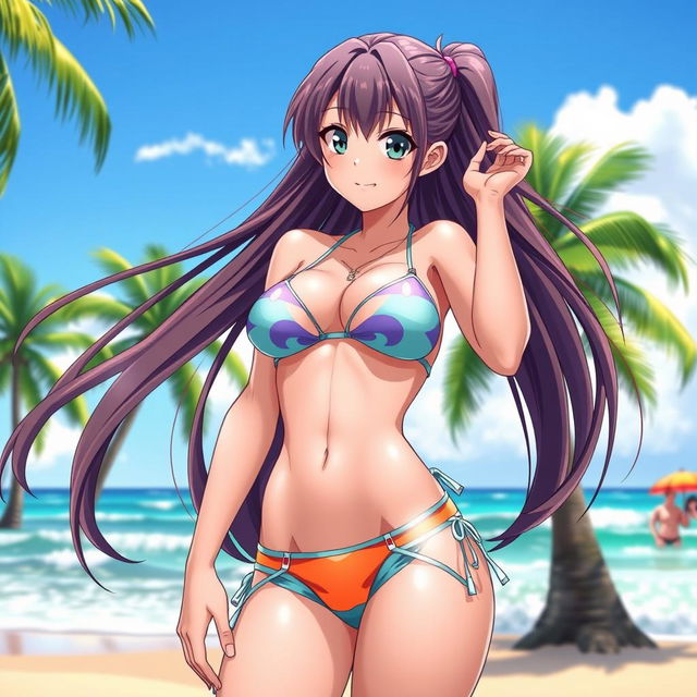 A sexy anime girl wearing a stylish bikini, with long flowing hair, large expressive eyes, and a playful smile
