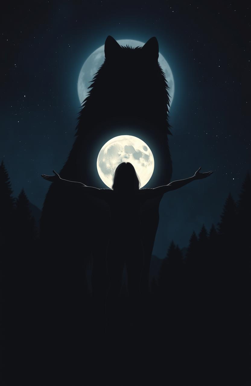 A dramatic scene featuring the silhouette of a teenage girl standing confidently with her arms outstretched, against a full moon backdrop