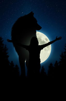A dramatic scene featuring the silhouette of a teenage girl standing confidently with her arms outstretched, against a full moon backdrop