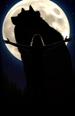 A dramatic scene featuring the silhouette of a teenage girl standing confidently with her arms outstretched, against a full moon backdrop
