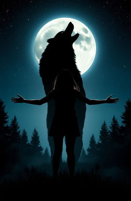 A dramatic scene featuring the silhouette of a teenage girl standing confidently with her arms outstretched, against a full moon backdrop