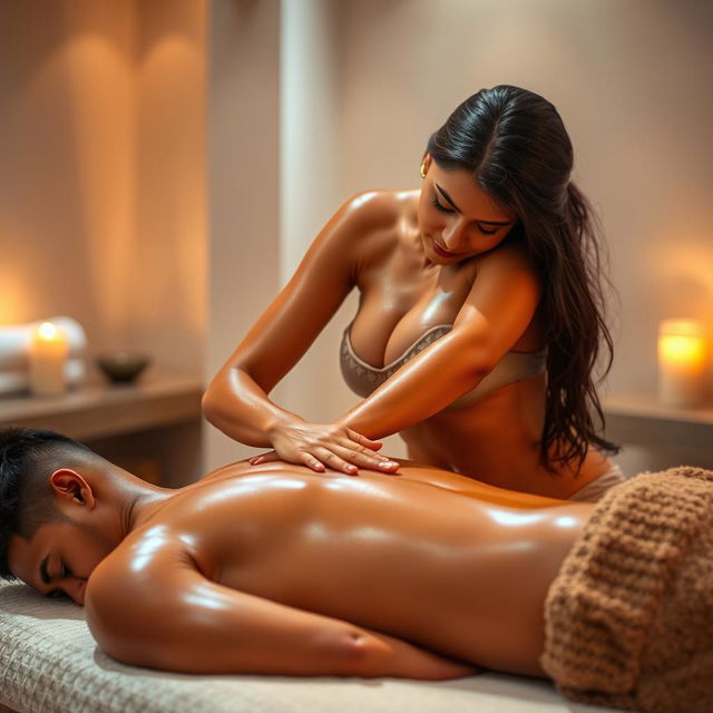 An erotic Indian massage girl, glistening with oil, giving a sensual massage to a man lying on his back