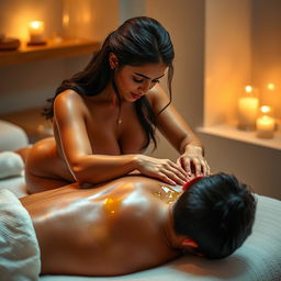 An erotic Indian massage girl, glistening with oil, giving a sensual massage to a man lying on his back