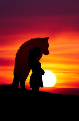 A striking image of a silhouette featuring the shadow of a wolf alongside a silhouette of a teenage girl standing with arms by her side