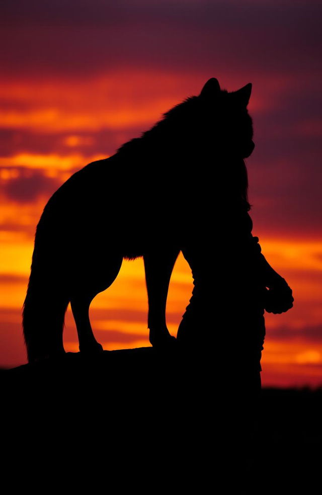 A striking image of a silhouette featuring the shadow of a wolf alongside a silhouette of a teenage girl standing with arms by her side