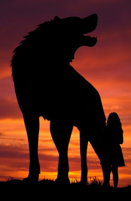 A striking image of a silhouette featuring the shadow of a wolf alongside a silhouette of a teenage girl standing with arms by her side
