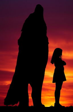 A striking image of a silhouette featuring the shadow of a wolf alongside a silhouette of a teenage girl standing with arms by her side