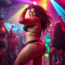 An energetic and captivating scene of an attractive adult female with a curvy figure confidently performing a twerking dance