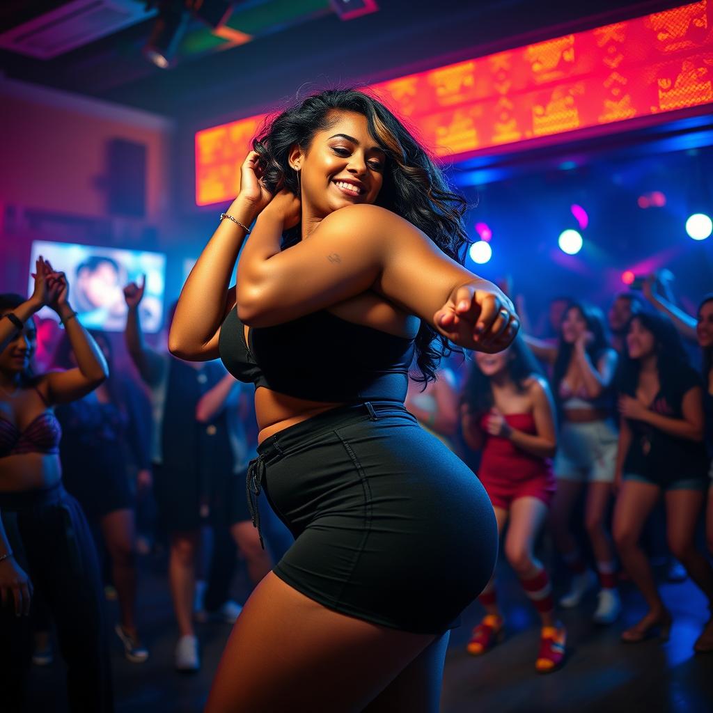 An energetic and captivating scene of an attractive adult female with a curvy figure confidently performing a twerking dance