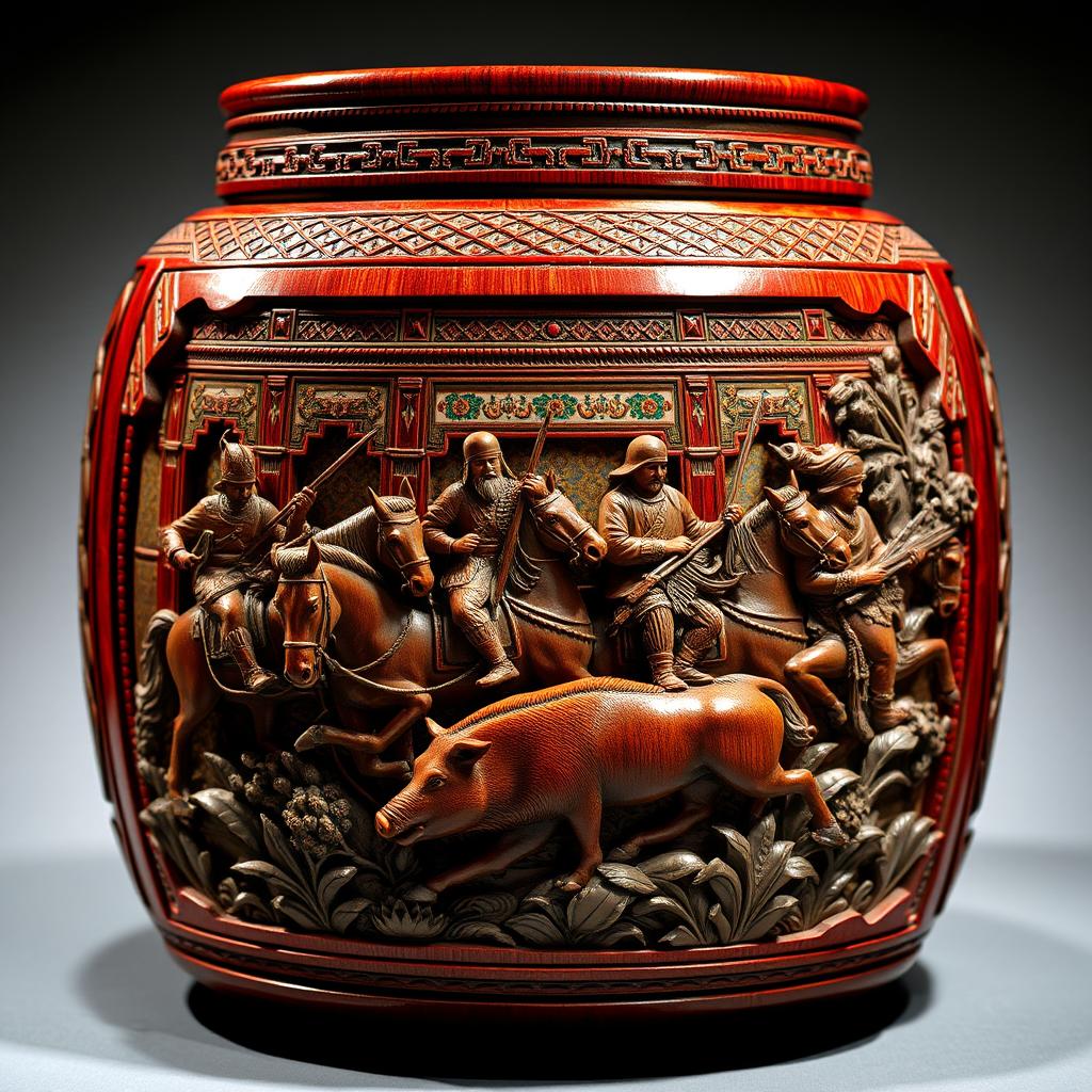 A beautifully carved maroon-colored wooden jar featuring a detailed depiction of a king and several soldiers on horseback engaged in a hunt for a wild boar