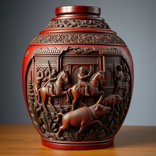 A beautifully carved maroon-colored wooden jar featuring a detailed depiction of a king and several soldiers on horseback engaged in a hunt for a wild boar