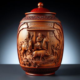 A beautifully carved maroon-colored wooden jar featuring a detailed depiction of a king and several soldiers on horseback engaged in a hunt for a wild boar