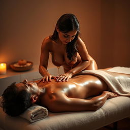 An erotic Indian massage girl, glistening with oil, seductively giving a massage to a man while sitting on his chest