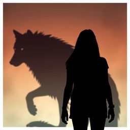 A captivating scene featuring the shadow of a wolf in the background, looming majestically, while a silhouette of a teenage girl stands prominently in the foreground