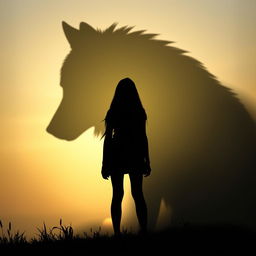 A captivating scene featuring the shadow of a wolf in the background, looming majestically, while a silhouette of a teenage girl stands prominently in the foreground