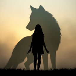 A captivating scene featuring the shadow of a wolf in the background, looming majestically, while a silhouette of a teenage girl stands prominently in the foreground