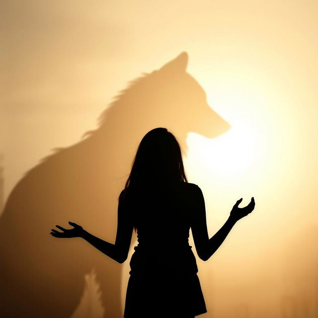 A captivating scene featuring the shadow of a wolf in the background, looming majestically, while a silhouette of a teenage girl stands prominently in the foreground