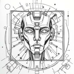 a hand-drawn illustration depicting artificial intelligence in a large scale, featuring a prominent robot face at the center that embodies AI