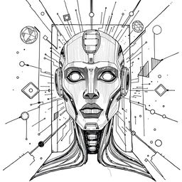 a hand-drawn illustration depicting artificial intelligence in a large scale, featuring a prominent robot face at the center that embodies AI
