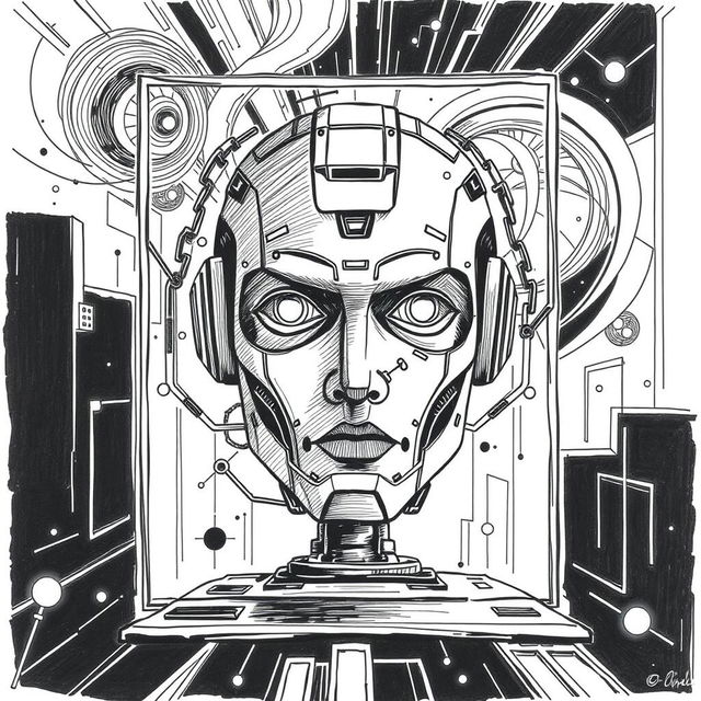 a hand-drawn illustration depicting artificial intelligence in a large scale, featuring a prominent robot face at the center that embodies AI