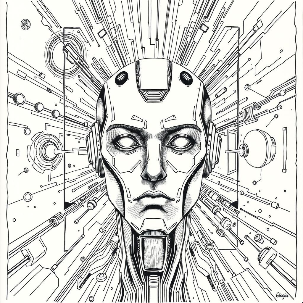 a hand-drawn illustration depicting artificial intelligence in a large scale, featuring a prominent robot face at the center that embodies AI