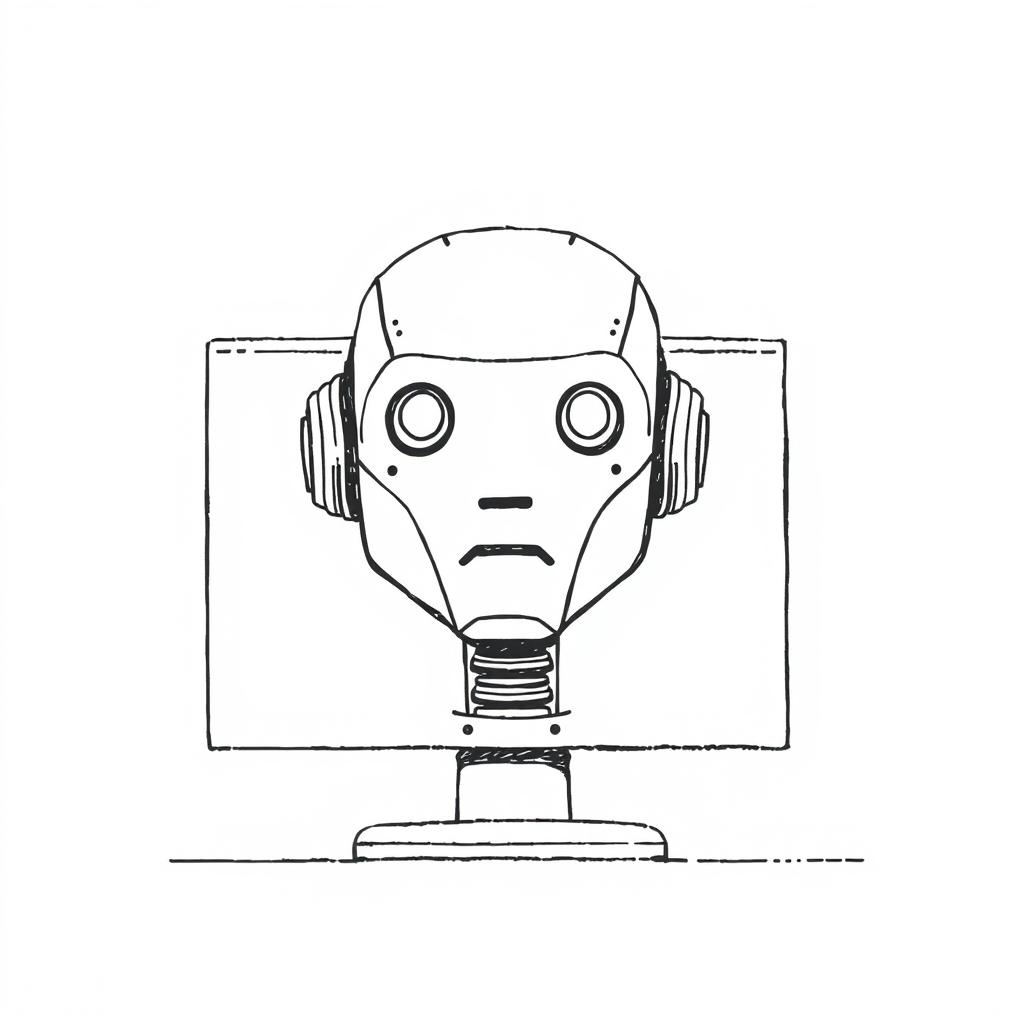 a minimalist hand-drawn illustration of artificial intelligence, featuring a large robot face that embodies AI, designed to look like it is emerging from a computer screen