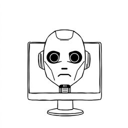 a minimalist hand-drawn illustration of artificial intelligence, featuring a large robot face that embodies AI, designed to look like it is emerging from a computer screen