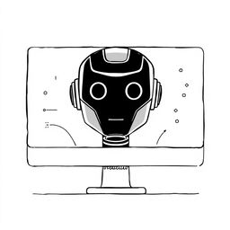 a minimalist hand-drawn illustration of artificial intelligence, featuring a large robot face that embodies AI, designed to look like it is emerging from a computer screen