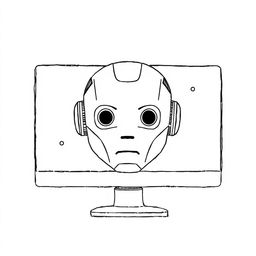 a minimalist hand-drawn illustration of artificial intelligence, featuring a large robot face that embodies AI, designed to look like it is emerging from a computer screen