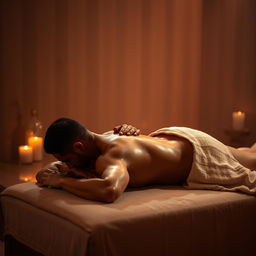An erotic Indian massage girl, glistening with oil, giving a sensual massage to a man lying flat on his back