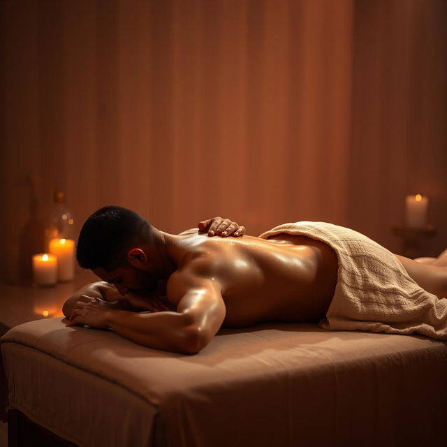 An erotic Indian massage girl, glistening with oil, giving a sensual massage to a man lying flat on his back