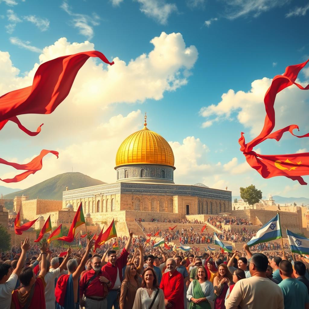 An artistic depiction of the triumph of Jerusalem, showcasing a vibrant, ancient city with its historical architecture, including the iconic Dome of the Rock, surrounded by majestic hills