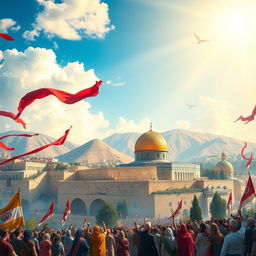 An artistic depiction of the triumph of Jerusalem, showcasing a vibrant, ancient city with its historical architecture, including the iconic Dome of the Rock, surrounded by majestic hills
