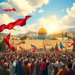 An artistic depiction of the triumph of Jerusalem, showcasing a vibrant, ancient city with its historical architecture, including the iconic Dome of the Rock, surrounded by majestic hills