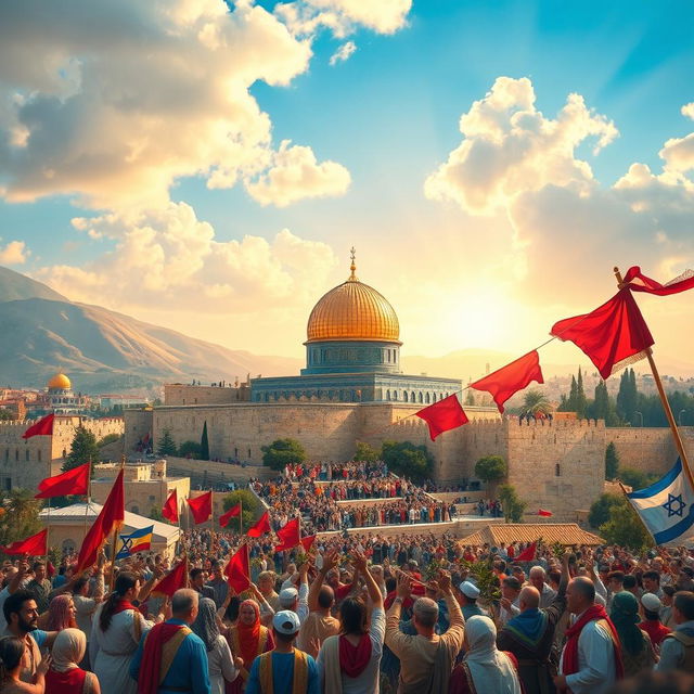 An artistic depiction of the triumph of Jerusalem, showcasing a vibrant, ancient city with its historical architecture, including the iconic Dome of the Rock, surrounded by majestic hills