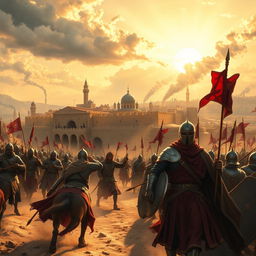 A historical depiction of the Siege of Jerusalem by the forces of Saladin, showcasing a vibrant scene filled with dramatic tension and action