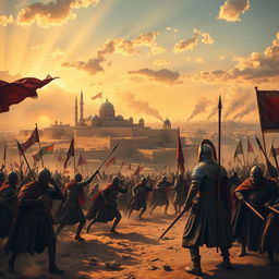 A historical depiction of the Siege of Jerusalem by the forces of Saladin, showcasing a vibrant scene filled with dramatic tension and action