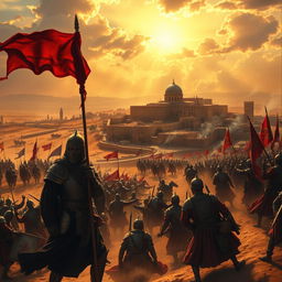 A historical depiction of the Siege of Jerusalem by the forces of Saladin, showcasing a vibrant scene filled with dramatic tension and action