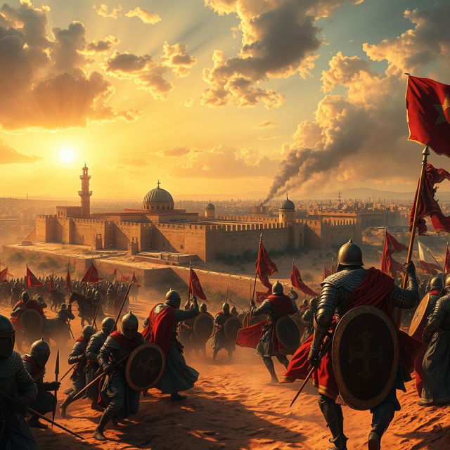 A historical depiction of the Siege of Jerusalem by the forces of Saladin, showcasing a vibrant scene filled with dramatic tension and action