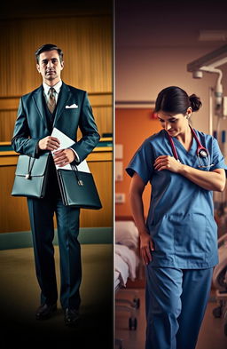 A dramatic scene depicting the transformation of a lawyer transitioning into a nurse