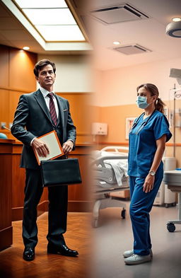 A dramatic scene depicting the transformation of a lawyer transitioning into a nurse