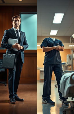A dramatic scene depicting the transformation of a lawyer transitioning into a nurse