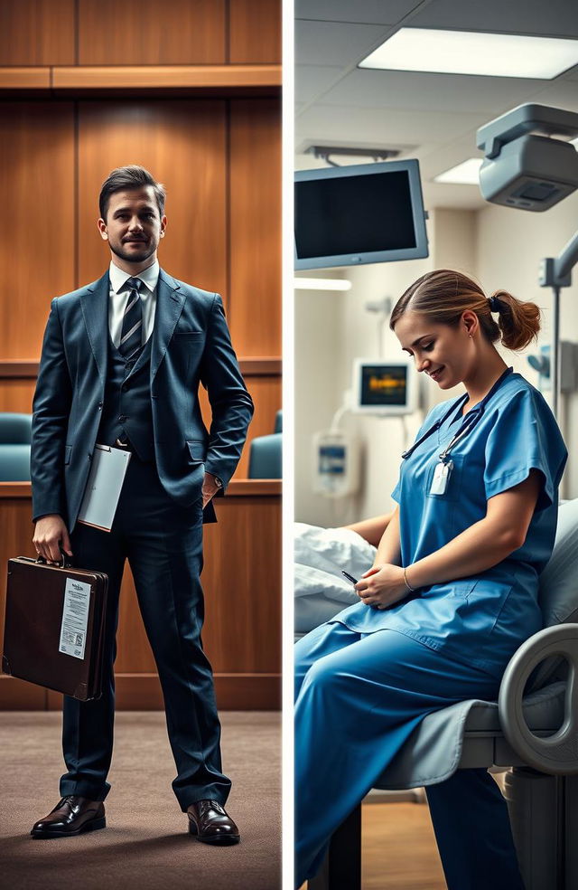 A dramatic scene depicting the transformation of a lawyer transitioning into a nurse