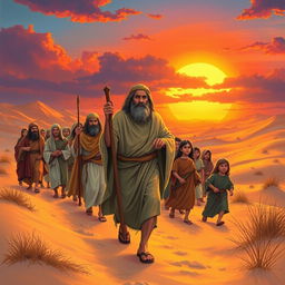 A historical depiction of the Israelites led by Moses in the desert, with a dramatic sunset in the background