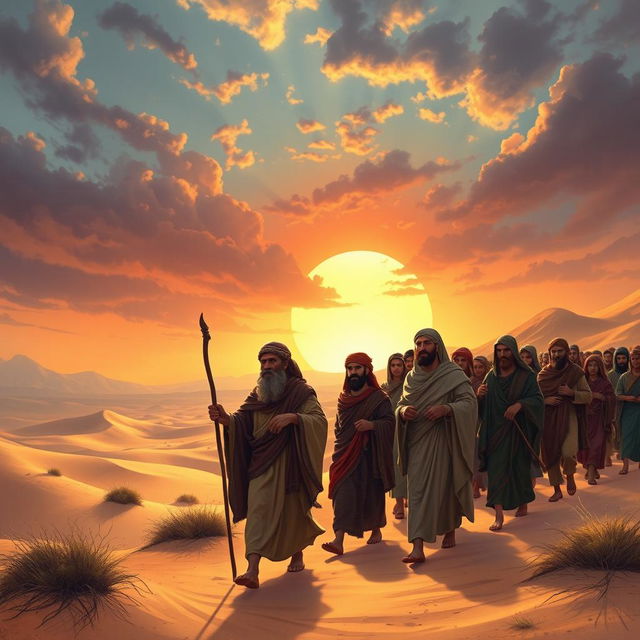 A historical depiction of the Israelites led by Moses in the desert, with a dramatic sunset in the background