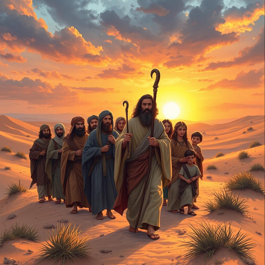 A historical depiction of the Israelites led by Moses in the desert, with a dramatic sunset in the background