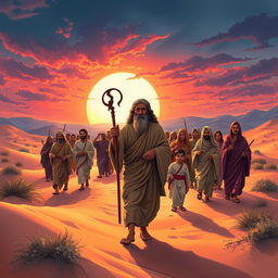 A historical depiction of the Israelites led by Moses in the desert, with a dramatic sunset in the background